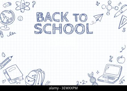 Back to school banner with hand drawn education doodle illustrations, school supplies, science symbols and copy space. Blue ink sketch elements. Stock Vector