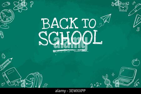 Back to school chalkboard banner with hand drawn education doodle illustrations, school supplies, science symbols and copy space. White chalk sketch Stock Vector