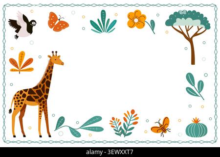 Animal-themed childrens border with giraffe and various elements on a white background vector Stock Vector