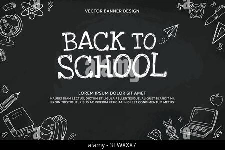 Back to school chalkboard background with hand drawn education doodle illustrations, school supplies, science symbols and copy space. Stock Vector