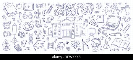 Hand drawn back to school doodle collection. Education and science icons on grid notebook paper. Learning, creativity, classroom subjects. Stock Vector