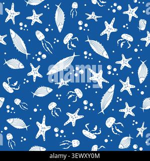 Seamless pattern with fish, starfish, and jellyfish on blue background for ocean themes vector Stock Vector