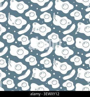 Fried egg and sausage pattern on dark blue background. Seamless, repetitive design for breakfast theme vector Stock Vector