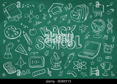 Hand drawn back to school doodle set on green chalkboard with education icons, school supplies, science symbols and learning elements. Vector Stock Vector