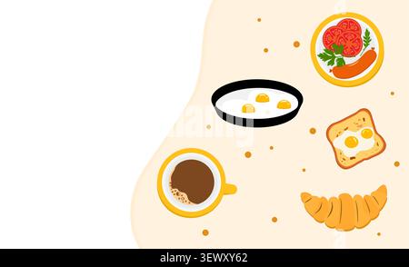 Illustrated breakfast with fried eggs, coffee, sausages, bread and croissant on white background vector Stock Vector