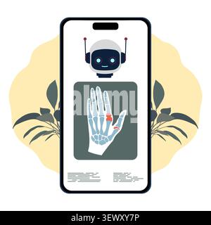 Robot interacting with human hand x-ray on smartphone screen, futuristic medical technology concept vector Stock Vector