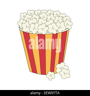 Cartoon-style illustration of a striped popcorn container filled with fluffy kernels, classic cinema snack design for entertainment Stock Vector