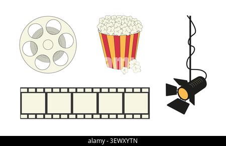 Cinema elements illustration with film reel, popcorn, film strip, and spotlight, retro movie design for entertainment Stock Vector