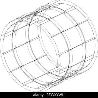 Technical wireframe drawing of a cylindrical mechanical component, 3D CAD-style illustration showing concentric circles Stock Vector