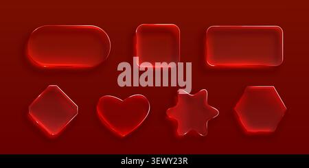 Transparent glass frames with glossy morphism effect, vector set isolated on red background. 3D ui elements with realistic texture, rounded corners, crystal clear borders for modern digital interface Stock Vector