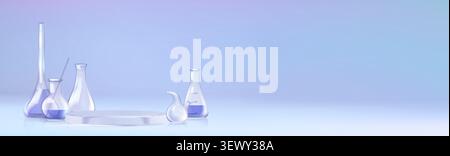 Science lab bottles and round glass platform on blue. Vector realistic illustration of chemical or cosmetic laboratory presentation, science equipment, tube, beaker, flask with liquid substance Stock Vector