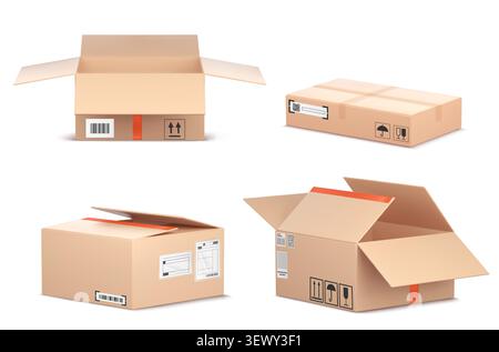 Realistic 3D cardboard open box mockup wirh red tape realistic vector. Brown delivery package isolated on white. Parcel with fragile, keep dry symbols, shipping or postal service elements Stock Vector