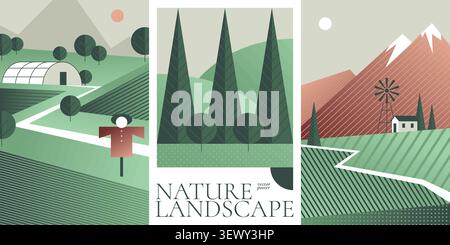 Geometric natural landscape posters set. Vector illustration of green farm field, park on hill with trees and bushes, mountain view with sun and meadow grass, simple countryside scenery banner design Stock Vector
