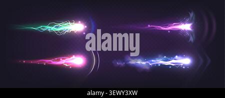 Realistic laser gun effects with neon energy beams and plasma blasts, vector illustrations isolated on transparent. Vector game design elements, power light trails, lightning sparks and power shots Stock Vector