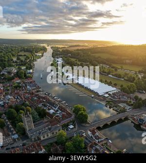 Aerial view of the River Thames and Henley Royal Regatta course at sunrise in Henley-on-Thames, Oxfordshire, England, UK. Stock Photo