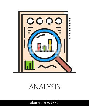 Business analysis and inspection icon or symbol. Production analysis sign, business stats color line vector icon. Product quality inspection pictogram with document, infographics and magnifying glass Stock Vector