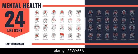 Mental health psychology problems icons set. Psychology symbols, mental health icons with mind focus, procrastination, emotion, phobia and bad mood, panic attack symbols with human head silhouette Stock Vector