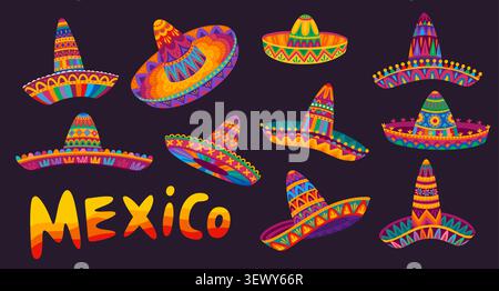 Mexican sombrero hats, cartoon Mexico mariachi costume elements with traditional hispanic pattern. Mexican music festival, fiesta party and carnival festive sombrero hats with bright color ornaments Stock Vector