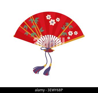 Traditional red Japanese hand fan with pleated folds, bamboo or plum flowers pattern wooden handle and tassels. Asian souvenir or gift, cartoon cultural item for celebration, Japan art and fashion Stock Vector