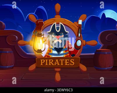 Pirate game interface with cartoon corsair captain and ship steering wheel on cartoon sailboat deck. Caribbean pirates game interface with sailor in captain hat with lantern on wooden boat with helm Stock Vector
