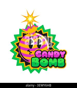 Candy bomb and grenade vintage Y2K sticker or symbol. Grenade hippie sticker, funny dynamite vector tag. TNT explosive, isolated candy bomb cute character with sparkling wick funky patch Stock Vector