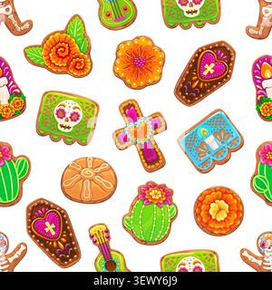 Dead day biscuit cookies, Dia de Los Muertos vector seamless pattern. Traditional Mexican day of the dead cookies shaped as sugar skulls, crosses, coffins, marigold flowers and guitars tile motif Stock Vector