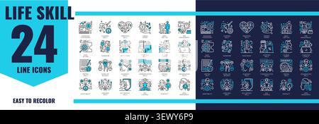 Life skill icons set. People potential outline icon, personal quality sign. Human life skill symbol with money managing, cleaning, parenting, time management and writing, adaptability, teamwork signs Stock Vector