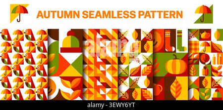 Autumn seamless patterns with mosaic geometric ornament elements. Flat orange, red, and green patterns with umbrellas, leaves and pumpkins for seasonal textile printing and eco friendly wrapping paper Stock Vector
