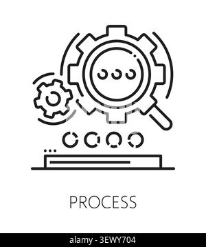 Business process inspection line icon or pictogram. Factory regulation control icon, quality inspection vector symbol. Product standards approval pictogram or sign with magnifying glass and cogwheels Stock Vector
