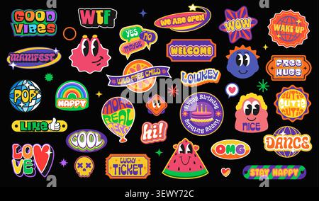 Y2k retro stickers and groovy patch icon labels of trendy cool shapes, cute smile emojis and pop art groovy elements. Vector y2k funky face, globe, love heart and flower, aesthetic star, sun stickers Stock Vector
