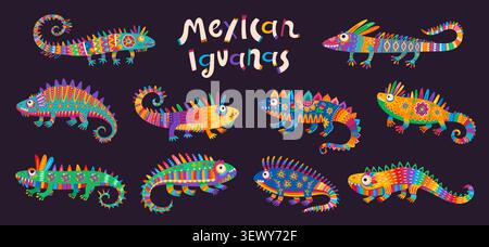 Mexican iguana animal characters of colorful lizards with Mexico folk art pattern. Mexican desert funny iguana lizards set with vivid color floral ornaments of talavera flowers and geometric shapes Stock Vector