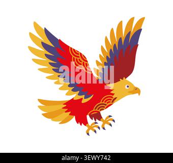 Japanese New Year hawk bird icon with red and gold feathers in mid flight with decorative wave pattern and fierce talons. Asian symbol of first dream festive tradition or seasonal cultural celebration Stock Vector