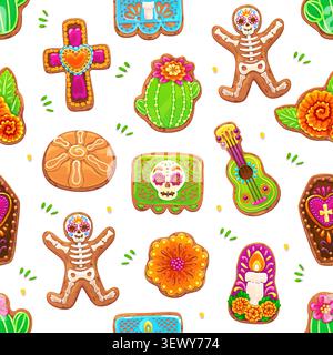 Dead day biscuit cookies vector seamless pattern. Mexican gingerbread cookies shaped as skeletons, crosses, skulls, and marigold flowers. Festive Dia de Los Muertos biscuits background, tile motif Stock Vector