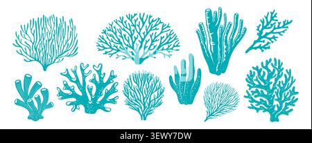 Sea coral reef and ocean seaweed silhouettes, underwater plant icons. Aquarium, ocean and undersea algae water and marine animal life. Set of tropical corals or sea weeds and wracks biodiversity Stock Vector