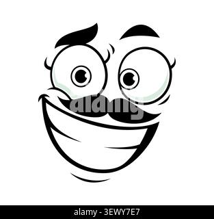 Cartoon happy face emotion with big wide open eyes, thick eyebrows, prominent black mustache and huge toothy smile. Cheerful and crazy mascot facial expression for funny sticker pack designs Stock Vector