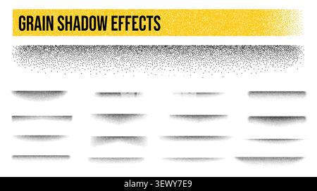 Dot noise grain edge shadow effect. Grainy overlays, textured halftone edge shading with soft vignette spray effects. Set of vintage grit brushes. Dotwork stripes with pointillism sand layout frames Stock Vector