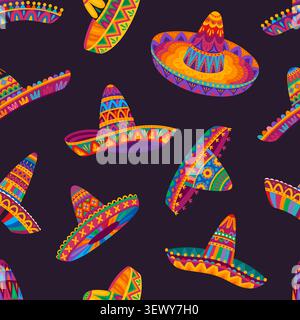 Mexican sombrero hats seamless pattern. Tile background, decorative repeating motif for festive celebration or traditional folk culture of Mexico. Wallpaper, textile, print for party and holiday decor Stock Vector