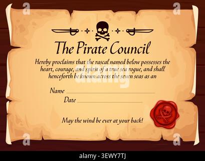Pirate council template with old paper scroll and wax corsair seal. Aged parchment pirate council certificate document blank laid on wooden background for nautical adventure, tradition or proclamation Stock Vector
