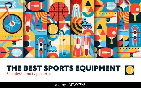 Sport equipment seamless patterns with mosaic geometric elements. Abstract tile backgrounds with skateboard, basketball, tennis racket and kayakg with retro modern aesthetics for summer sports leisure Stock Vector