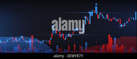 Financial market chart, stock price movements with blue red candlestick graphs, trading data analysis, and economic growth indicators on digital screen, abstract vector background Stock Vector