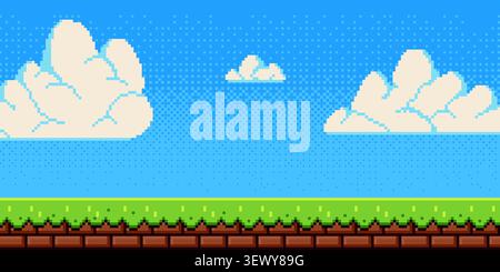 Pixel art sky with fluffy clouds over green grass field. Retro 8-bit game vector cartoon background, bright blue atmosphere and sunny green grass landscape for arcade video adventures, Stock Vector