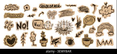 Pack of hand drawn kid doodle stickers isolated on white. Vector illustration of sketch icons on paper pieces, burning heart, love message, speech clouds, creative scribble designs for school banner Stock Vector