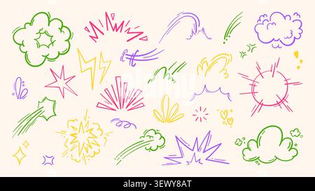 Colorful comic emphasis elements set isolated on background. Vector cartoon illustration of doodle explosion effects, brush strokes for dynamic action scenes, bomb burst icons, anime motion symbols Stock Vector