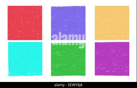 Hand drawn color crayon squares set on white background. Vector realistic illustration of colorful palette with pastel chalk texture, backdrops for children designs, school projects, pencil scribbles Stock Vector