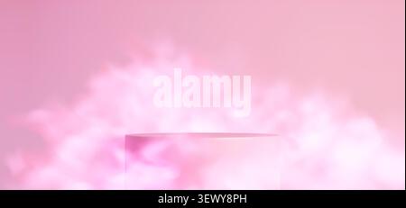 Round podium and white smoke on light pink background. Vector realistic illustration of empty cylinder platform for product presentation, cloud of white mist floating in air, dreamy stage backdrop Stock Vector