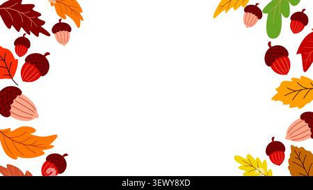 Template with border of autumn leaves and acorns. Horizontal banner for fall season design. Blank form for postcard, invitation, advertisement, vector Stock Vector