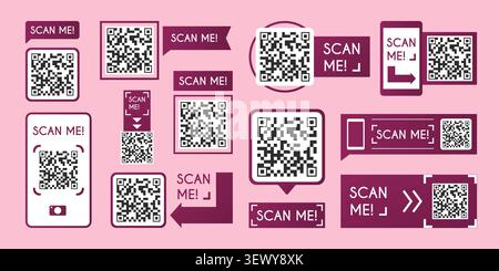 QR code scanner icon with phone frame for mobile payment, set of vector illustrations. Modern barcode reader sticker design for digital commerce and scan me store discount labels Stock Vector