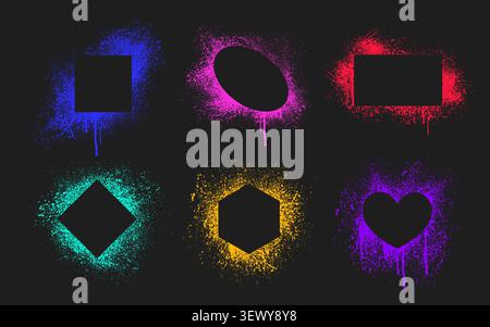 Graffiti spray text box set of vector illustrations isolated on black background. Neon color paint stencil frame with dripping texture and urban street art effect. Bold border design, splatter details Stock Vector