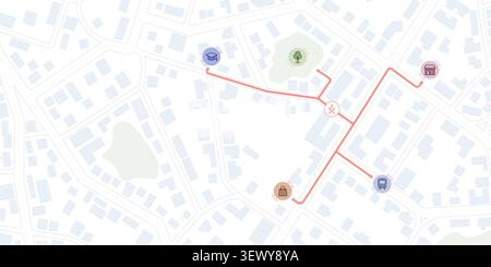 Flat city map showing walking routes to various service location icons Stock Vector