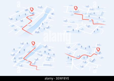 Set of four isometric digital city maps with red route lines and destination pins Stock Vector